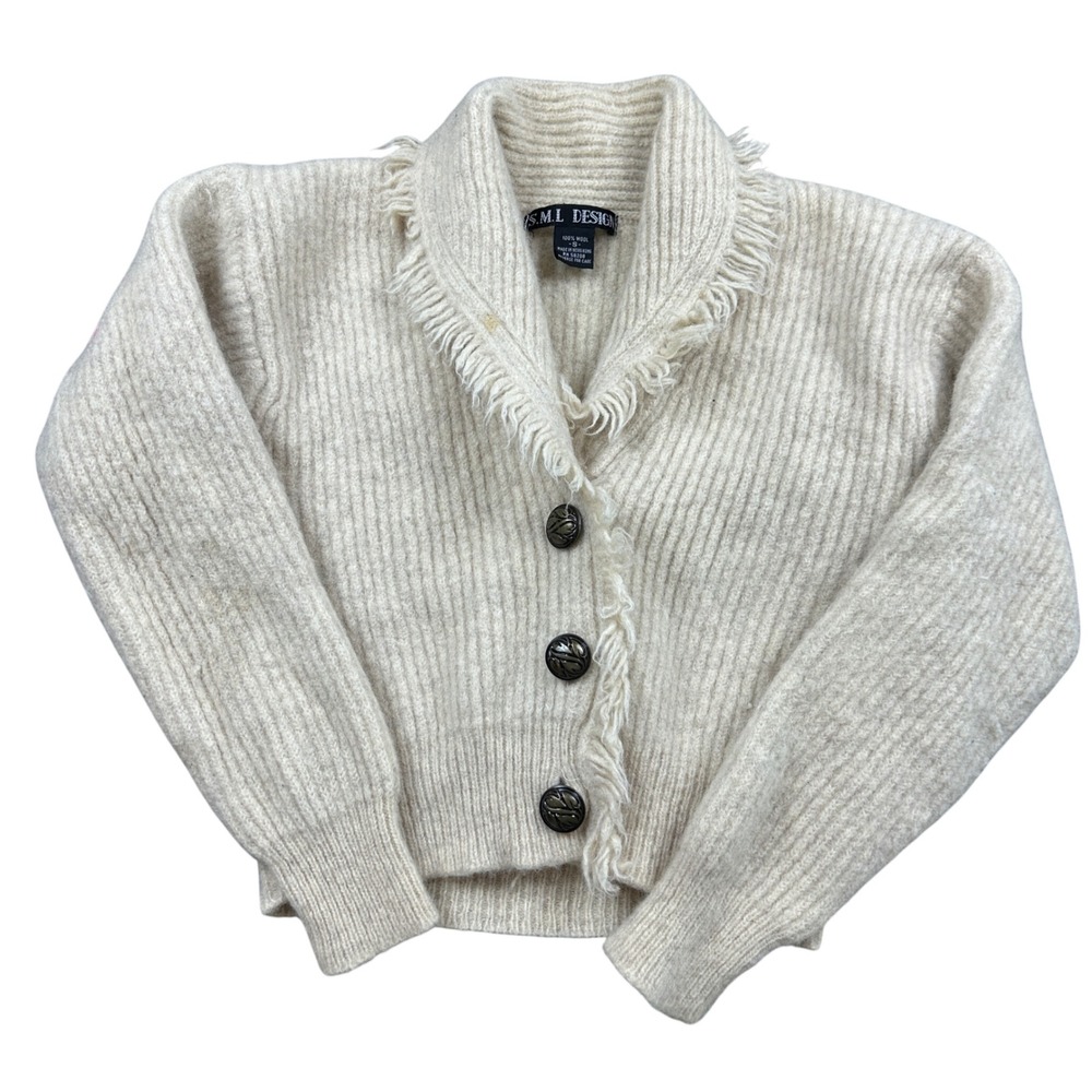 SML Design Cream Wool‎ Cropped Cardigan Sweater Shawl Collar Fringe Trim Small